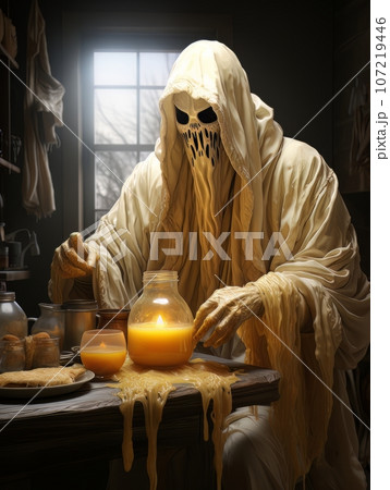 Creepy cartoon ghost preparing a pumpkin dish in the kitchen for Halloween, AI Creepy cartoon ghost preparing a pumpkin dish in the kitchen for Halloween, AI 107219446