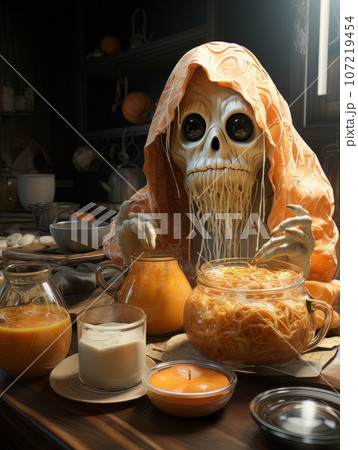 Creepy cartoon ghost preparing a pumpkin dish in the kitchen for Halloween, AI 107219454