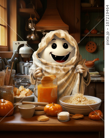 Cartoon ghost preparing a pumpkin dish in the kitchen for Halloween, AI Cartoon ghost preparing a pumpkin dish in the kitchen for Halloween, AI 107219464