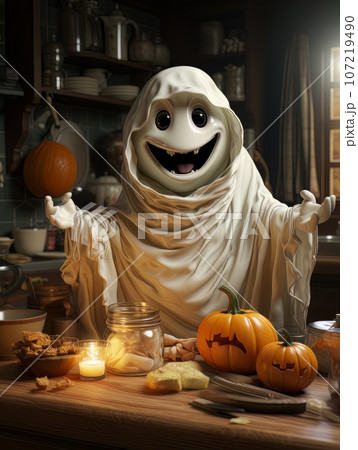 Cartoon ghost preparing a pumpkin dish in the kitchen for Halloween, AI Cartoon ghost preparing a pumpkin dish in the kitchen for Halloween, AI 107219490