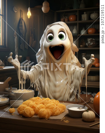 Cartoon ghost preparing a pumpkin dish in the kitchen for Halloween, AI Cartoon ghost preparing a pumpkin dish in the kitchen for Halloween, AI 107219511