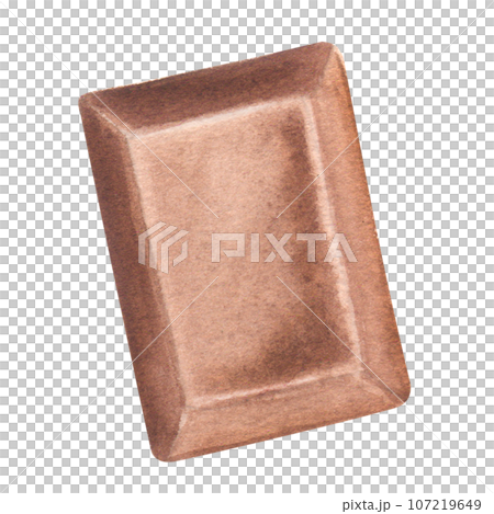 Square piece of dark milk chocolate bar. From sugar cocoa butter milk. Hand drawn watercolor illustration isolated on white background. For cafe menu pastry shop 107219649