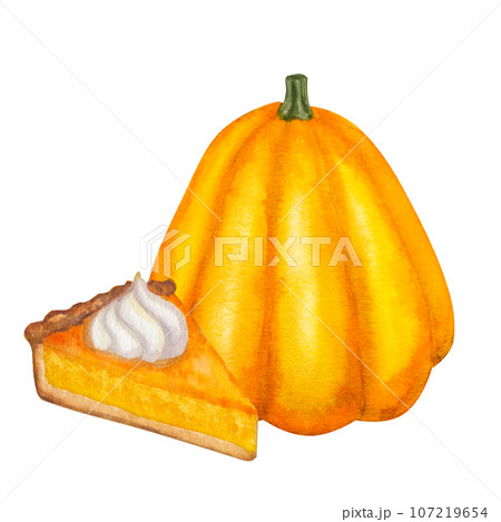 Pumpkin pie slice for traditional American holiday Thanksgiving Day. Piece decorated sweet whipped cream. Festive, homemade. Hand draw watercolor illustration isolated on white background 107219654
