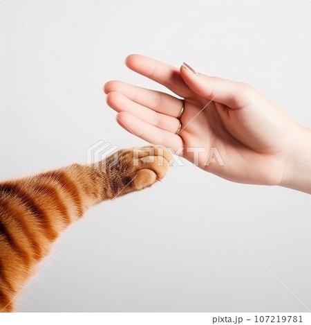 a human hand and a red cat's paw stretch towards each other close-up on a white background, friendship between a person and a cat 107219781