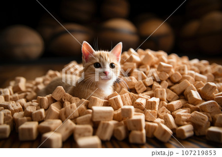 An adorable kitten sitting amidst pieces of tofu-based cat litter. This cute scene captures the charm of a playful feline exploring its eco-friendly litter. The image promotes a sustainable and pet 107219853