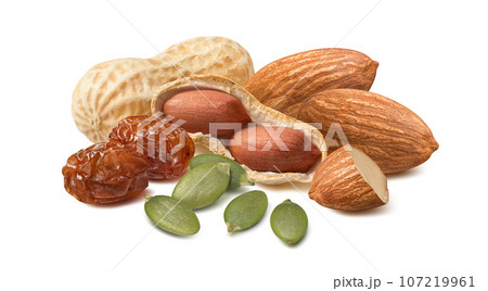 Almond nuts, pumpkin seeds, peanuts and brown raisins isolated on white backgorund 107219961