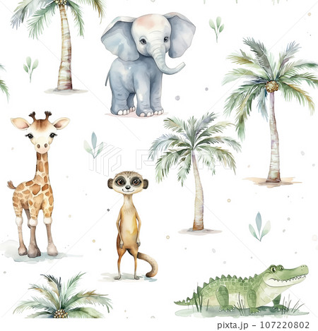 Watercolor childrish seamless pattern with cute cartoon safari animals isolated on white background. 107220802