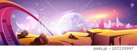 Dark deep space background banner in flat cartoon design. Cosmos fantasy poster with stars sky, different planets and celestial bodies, nebula, ground places and cosmic surface. Vector illustration Dark deep space background banner in flat cartoon design. Cosmos fantasy poster with stars sky, different planets and celestial bodies, nebula, ground places and cosmic surface. Vector illustration 107220997