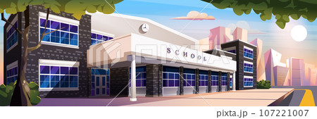 School facade background banner in flat cartoon design. College, academy or university exterior poster in modern architecture. Building with entrance and windows by city road. Vector illustration 107221007