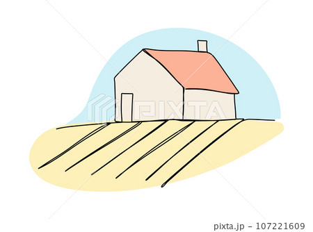 Farm and fields one line drawing colored with pastel colors. Vector illustration. 107221609