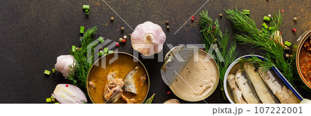 Open tin cans with canned fish 107222001