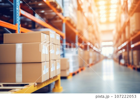 Large warehouse full of shelves with goods in cartons, with pallets and forklifts. Large warehouse full of shelves with goods in cartons, with pallets and forklifts. 107222053
