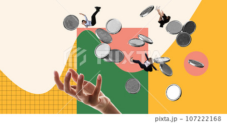 Challenging work. Business people, employees falling down with many coins,. Taking professional risks. Contemporary art collage. 107222168