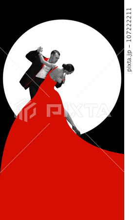 Love and passion. Elegant young woman and handsome man dancing romantic dance over abstract background. 107222211