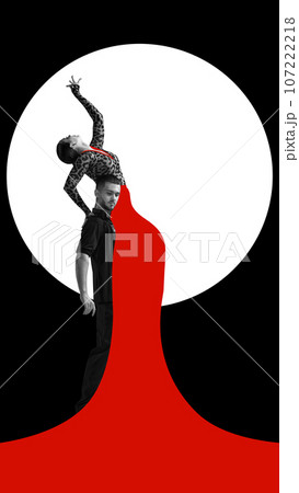 Tenderness and sensuality. Young artistic people, man and woman dancing, performing over abstract background 107222218