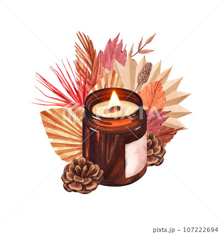 Watercolor candle with autumn leaves....のイラスト素材 [107222694] - PIXTA