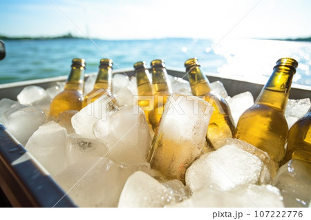 bottles of beer in a cooler filled with icy water 107222776
