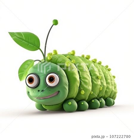 Green caterpillar, funny cute fat green caterpillar 3d illustration on white, unusual avatar, cheerful insect animal 107222780