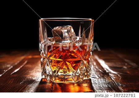 an empty whiskey glass with ice melting within it on a table 107222781