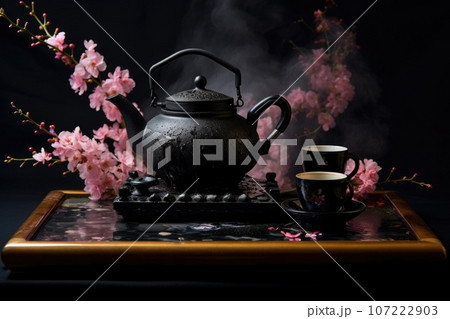 a black japanese teapot on a lacquered tray with steaming tea 107222903