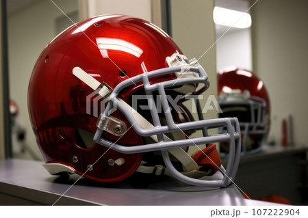 helmet with reflection in locker room mirror 107222904