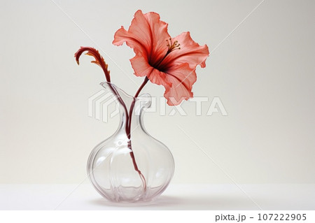 a hibiscus flower in a glass vase with a white background 107222905