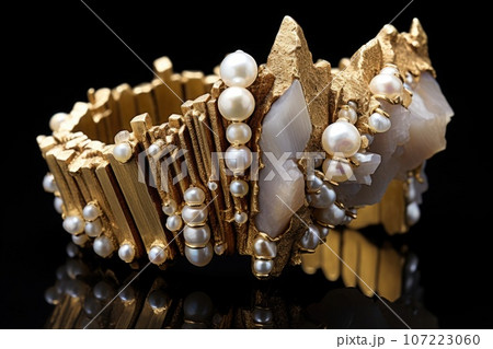 gold and pearl beaded bracelet showcased on a...のイラスト素材