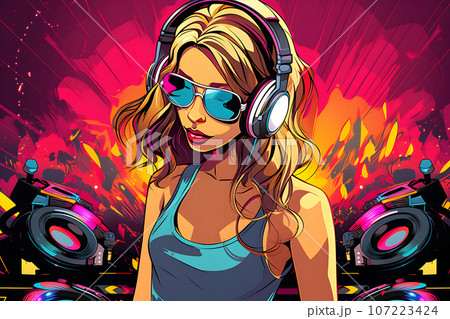 pretty girl DJ is playing in a club. A beautiful DJ girl performs at a party pretty girl DJ is playing in a club. A beautiful DJ girl performs at a party 107223424