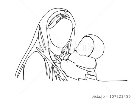 Shawl-wearing woman with a baby in her arms. Biblical stories, virgin mary with jesus christ in her arms. One line drawing vector illustration. 107223459