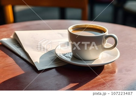 cup of delicious morning coffee and a fresh newspaper on the table cup of delicious morning coffee and a fresh newspaper on the table 107223487