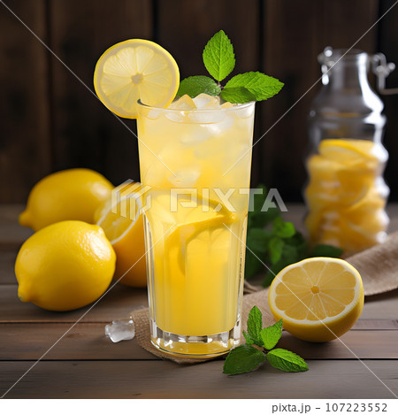 glass with fresh cool lemonade and a slice of lemon and mint leaves as garnish glass with fresh cool lemonade and a slice of lemon and mint leaves as garnish 107223552