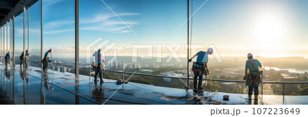 Cleaners workers washing windows Cleaners workers washing windows 107223649