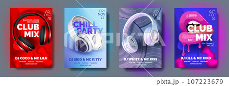 Set of Club posters with headphones, dance party, fluid design flyer, invitation, banner template, dj music event, colorful white, red, blue and pearl headphones and lips, vector illustration Set of Club posters with headphones, dance party, fluid design flyer, invitation, banner template, dj music event, colorful white, red, blue and pearl headphones and lips, vector illustration 107223679