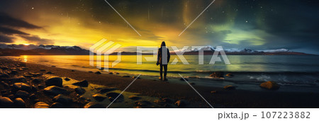 A traveler looks at the northern lights 107223882