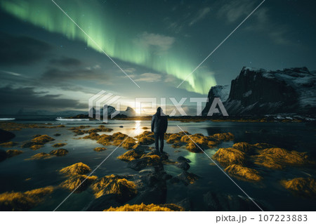 A traveler looks at the northern lights 107223883