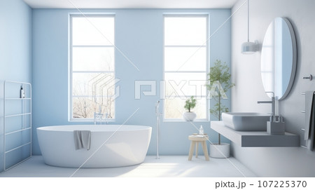 Interior of modern luxury scandi style bathroom with window and white walls. Free standing bathtub, countertop sink on white wall-hung cabinet, wall mirror. Contemporary home design. 3D rendering. 107225370