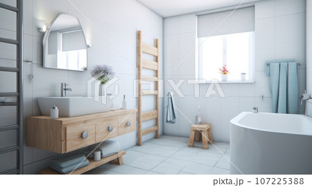 Interior of modern luxury scandi style bathroom with window and white walls. Free standing bathtub, countertop sink on wooden vanity, wall mirror. Contemporary home design. 3D rendering. Interior of modern luxury scandi style bathroom with window and white walls. Free standing bathtub, countertop sink on wooden vanity, wall mirror. Contemporary home design. 3D rendering. 107225388