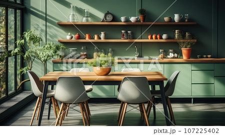 Interior of modern classic kitchen. Wooden dining table and chairs, green furniture, flowers and plants, crockery on the shelves, large window. Contemporary home design. 3D rendering. 107225402