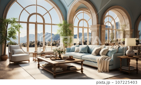 Interior of elegant modern living room in luxury villa. Stylish cushioned furniture, wooden coffee table, houseplants, arch windows overlooking beautiful seascape. Hollywood glamor in home design. Interior of elegant modern living room in luxury villa. Stylish cushioned furniture, wooden coffee table, houseplants, arch windows overlooking beautiful seascape. Hollywood glamor in home design. 107225403