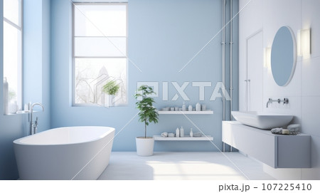 Interior of modern luxury scandi style bathroom with window and white walls. Free standing bathtub, countertop sink on white wall-hung cabinet, wall mirror. Contemporary home design. 3D rendering. Interior of modern luxury scandi style bathroom with window and white walls. Free standing bathtub, countertop sink on white wall-hung cabinet, wall mirror. Contemporary home design. 3D rendering. 107225410