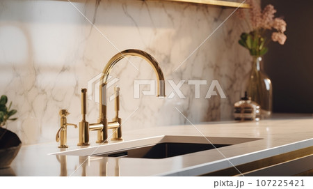 Fragment of a modern luxury kitchen. Marble countertop with built-in sink, gold faucet and soap dispenser. Vase with flowers in the background. Close-up. Contemporary interior design. 3D rendering. Fragment of a modern luxury kitchen. Marble countertop with built-in sink, gold faucet and soap dispenser. Vase with flowers in the background. Close-up. Contemporary interior design. 3D rendering. 107225421