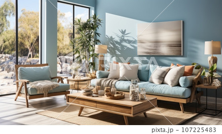 Interior of elegant modern living room in luxury villa. Stylish cushioned furniture, wooden coffee table, houseplant, panoramic windows with beautiful garden view. Eco-style in home interior. Interior of elegant modern living room in luxury villa. Stylish cushioned furniture, wooden coffee table, houseplant, panoramic windows with beautiful garden view. Eco-style in home interior. 107225483