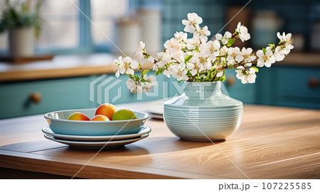 Fragment of modern classic cian kitchen. Wooden dining table, flowering branches in vase, table setting. Close-up, blurry background. Contemporary home design. 3D rendering. 107225585