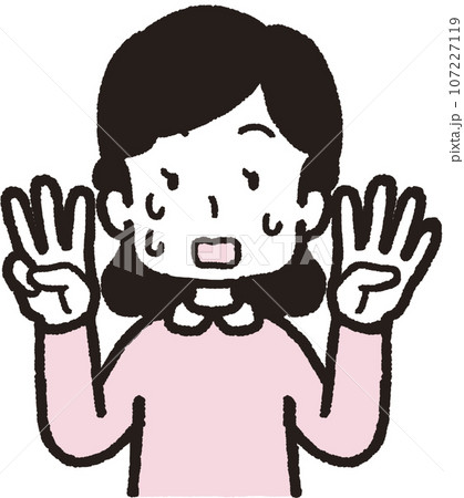 左手は4本指、右手は3本指の34のハンドサインをして汗を出して慌てている女性の上半身イラスト 107227119