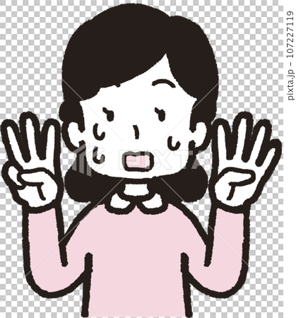 左手は4本指、右手は3本指の34のハンドサインをして汗を出して慌てている女性の上半身イラスト 107227119