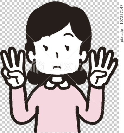 女人上半身做34個手勢的插圖：左手4個手指，右手3個手指 107227147