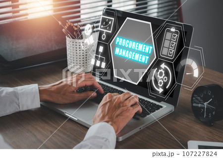 Procurement management concept, Businessman working on laptop computer with procurement management icon on virtual screen. 107227824