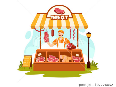 Meat Shop or market Vector Illustration with Various Fresh Meats Products and Sausages of Beef Pork Chicken in Flat Cartoon Background Design 107228832