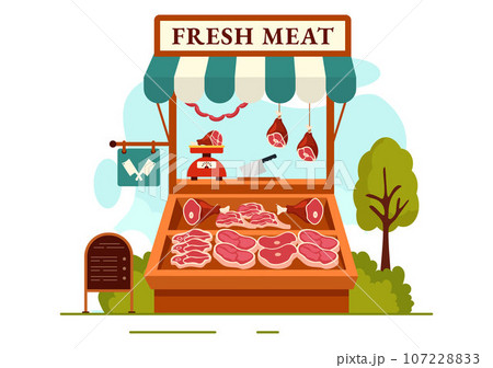 Meat Shop or market Vector Illustration with Various Fresh Meats Products and Sausages of Beef Pork Chicken in Flat Cartoon Background Design Meat Shop or market Vector Illustration with Various Fresh Meats Products and Sausages of Beef Pork Chicken in Flat Cartoon Background Design 107228833