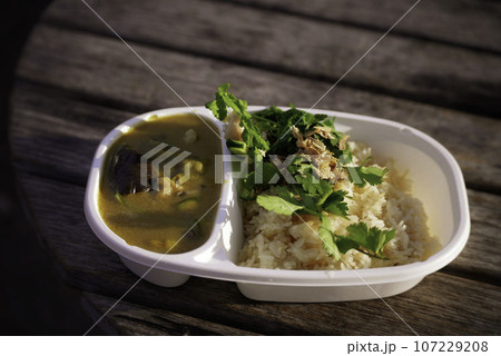 野外で食べるグリーンカレー 107229208